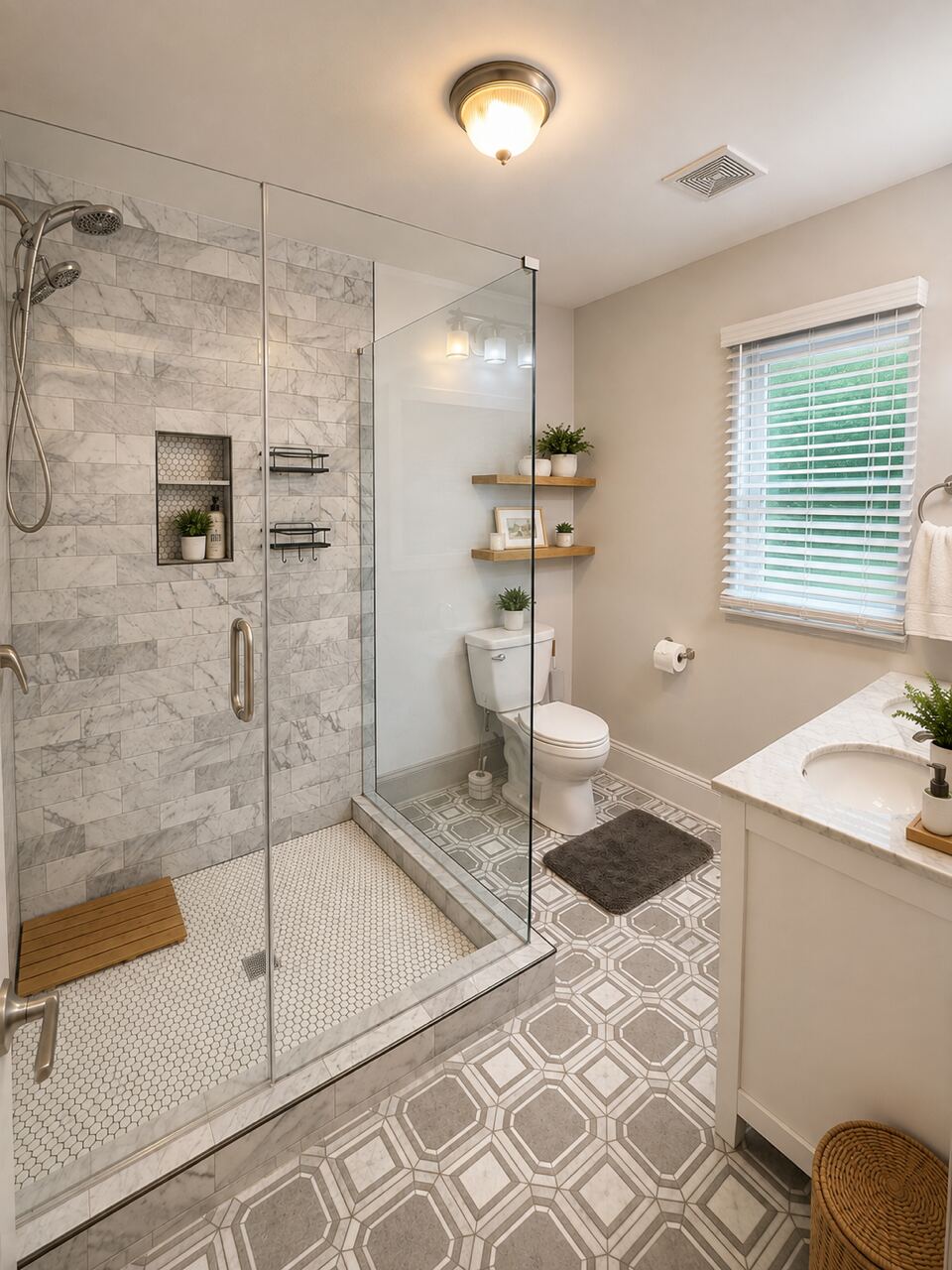 A bathroom with a glass walk-in shower and a soaking tub