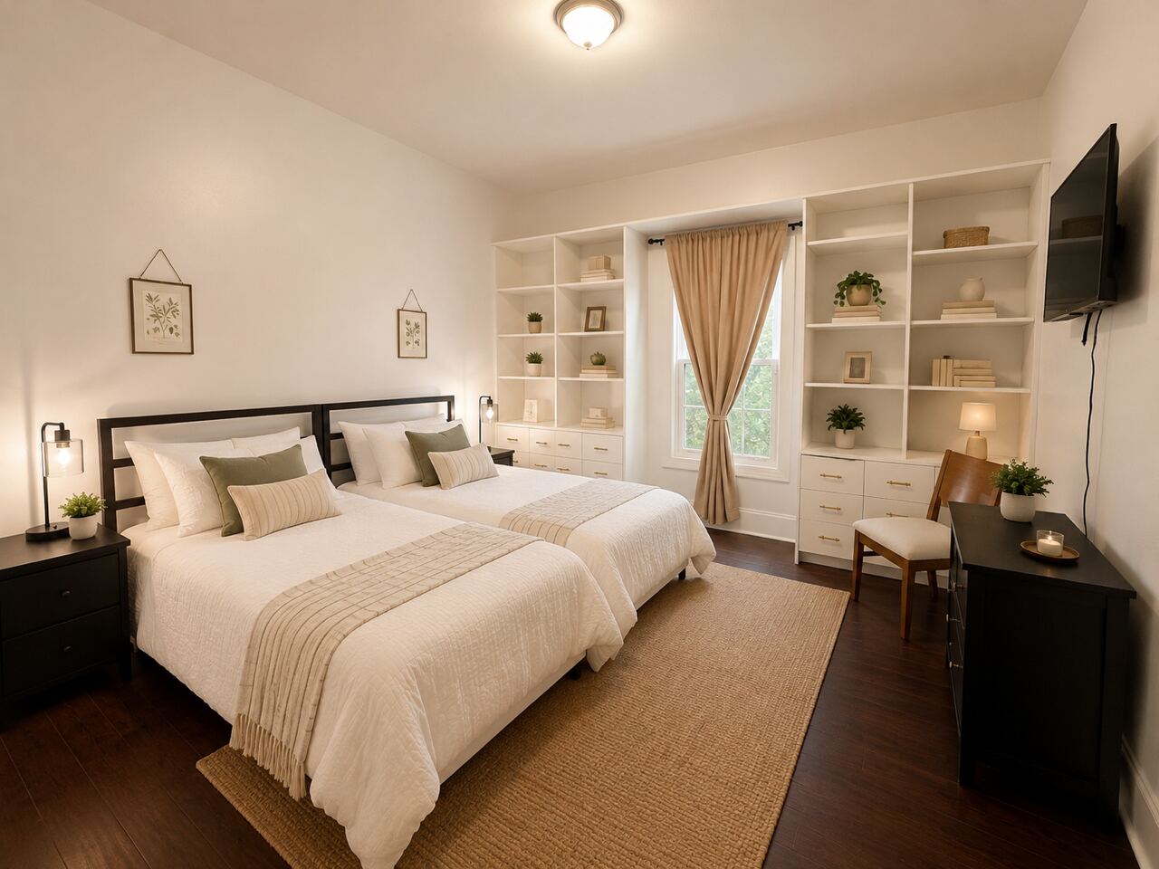 A private bedroom with built-in shelving and a wall-mounted television