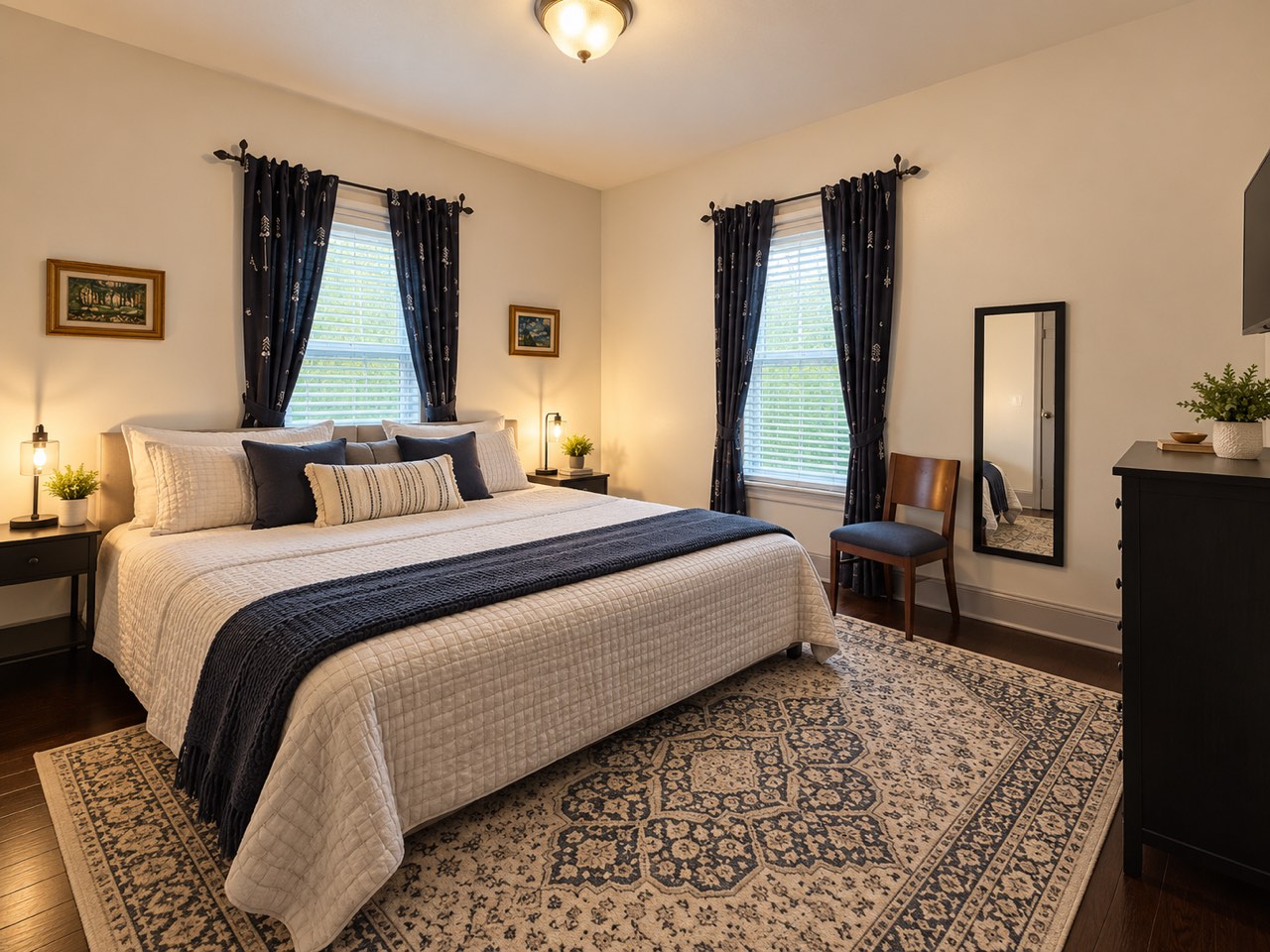 A private bedroom with a black iron bed frame and bedside lamps