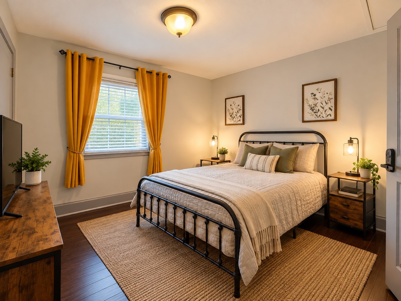 A furnished bedroom with two beds and matching nightstands