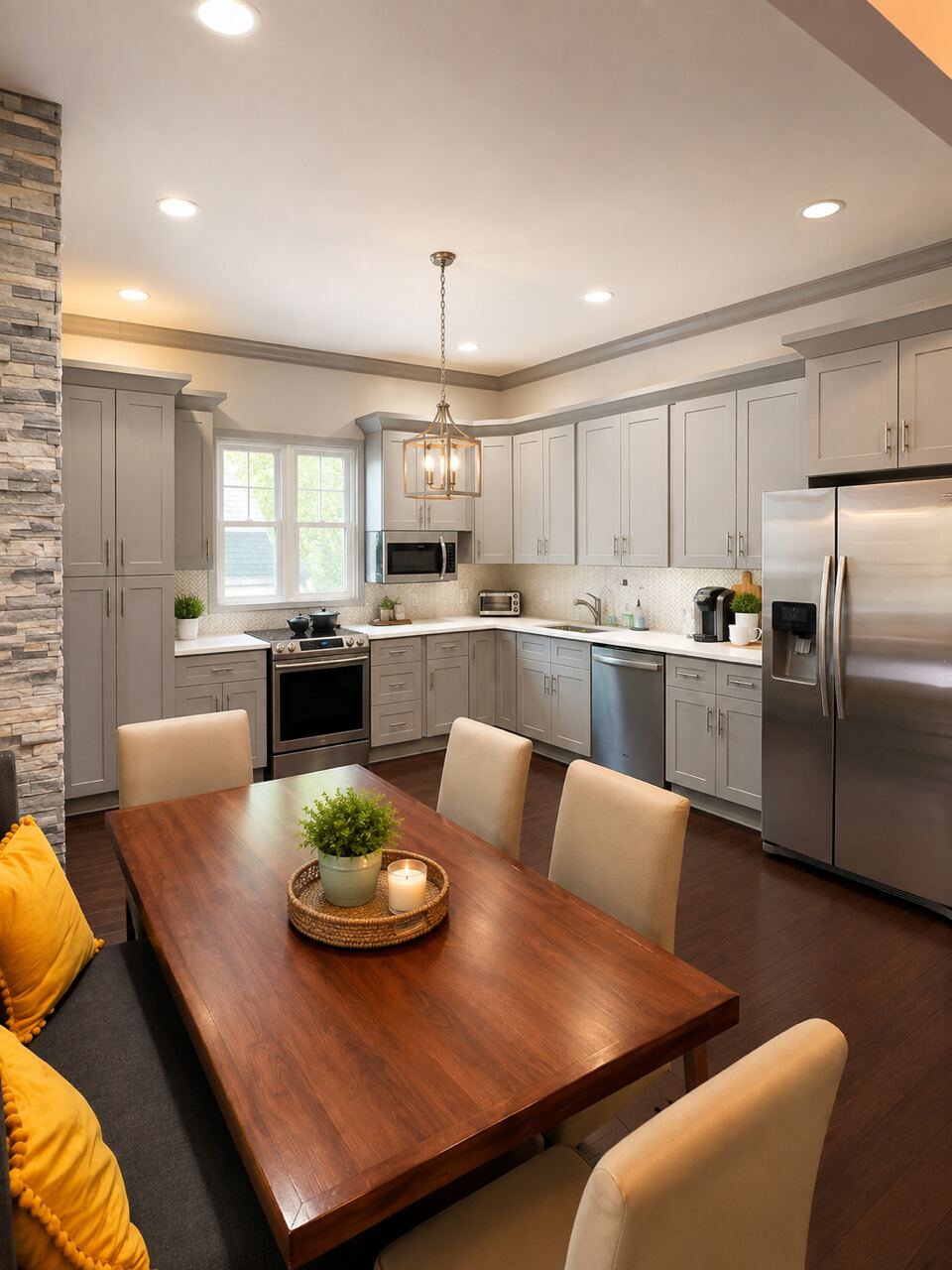The shared kitchen with stainless steel appliances and a dining table