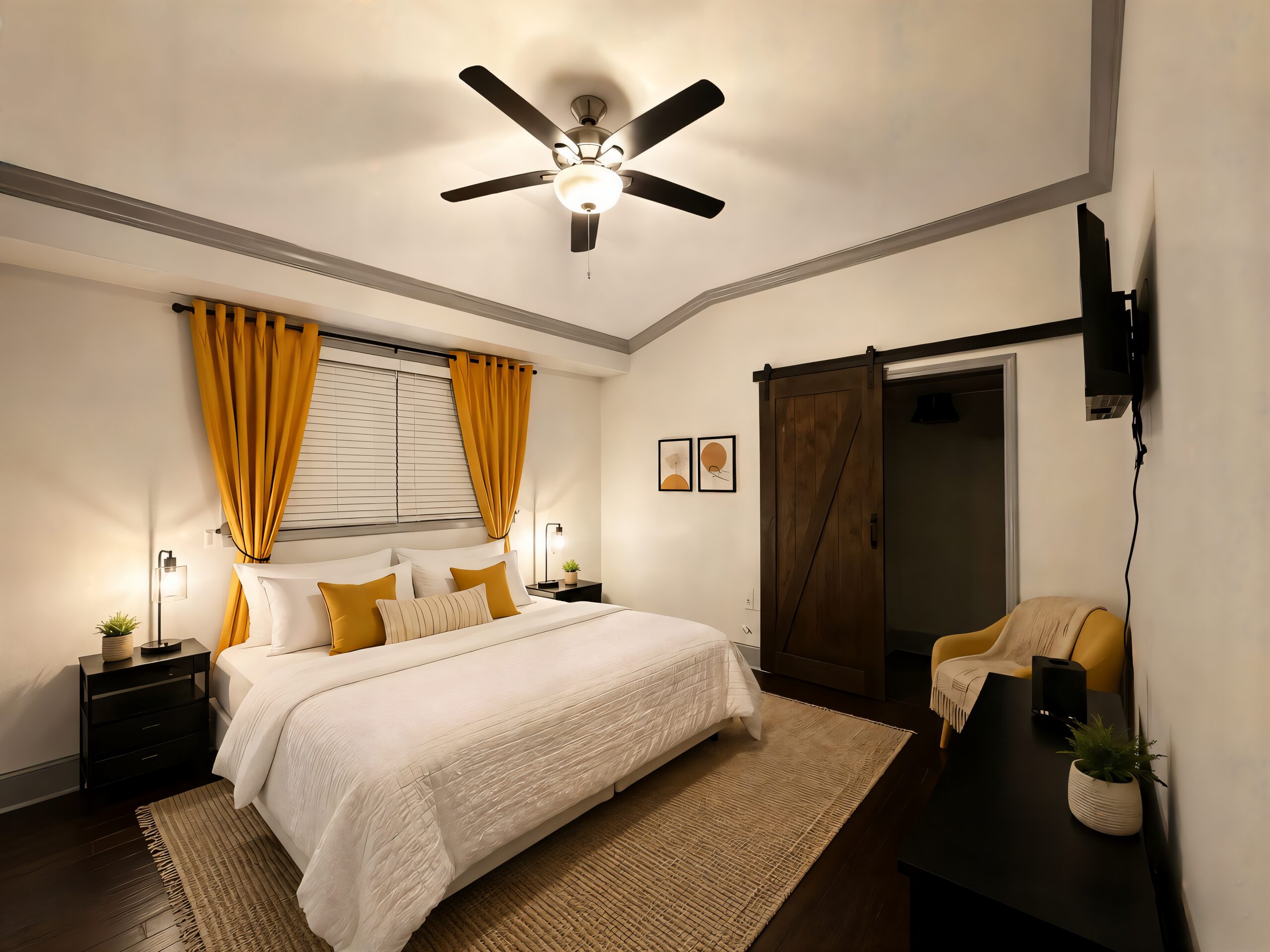 A furnished private bedroom at Arthur’s Place with a queen bed, ceiling fan and natural light