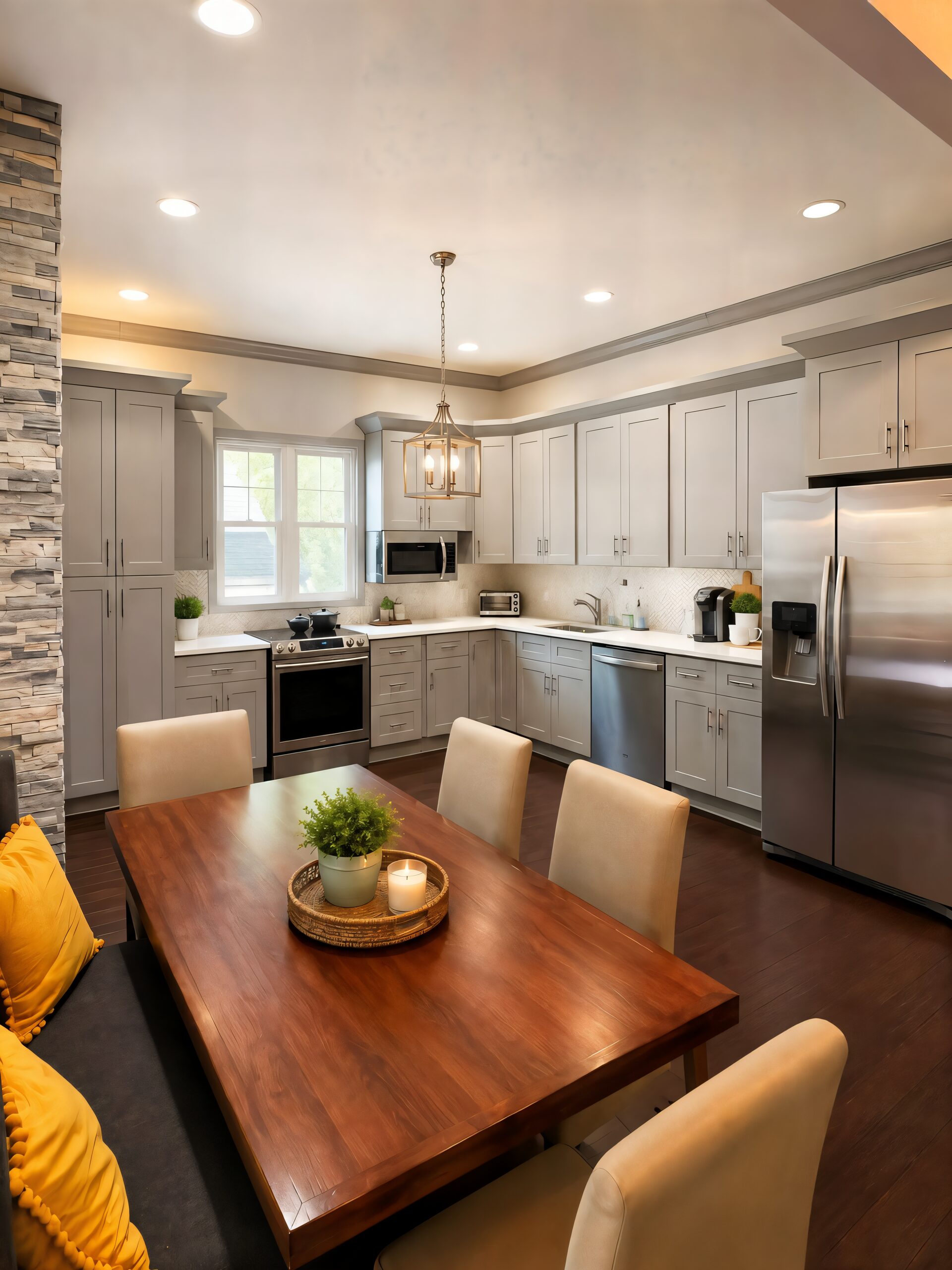 The shared kitchen and dining area at Arthur&rsquo;s Place with stainless steel appliances