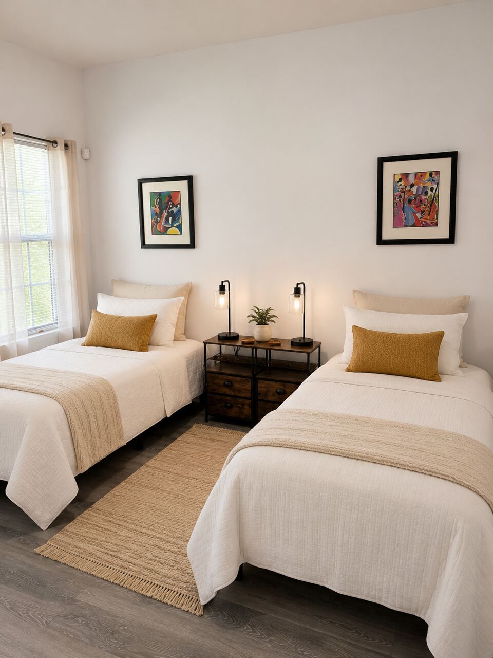 A furnished bedroom with two beds and a bright window