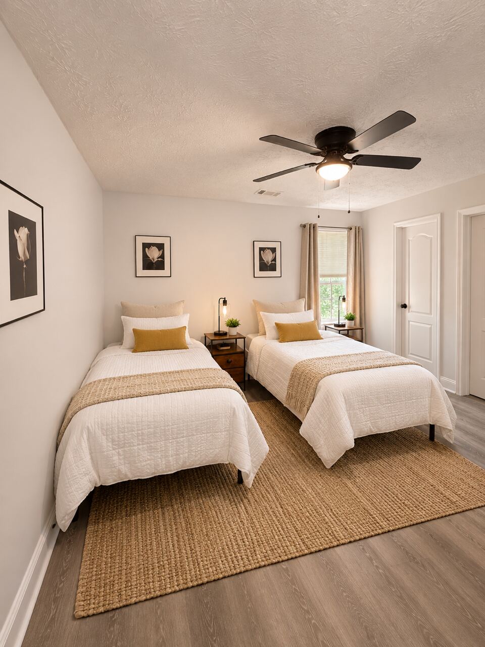 A furnished bedroom with two beds and a ceiling fan