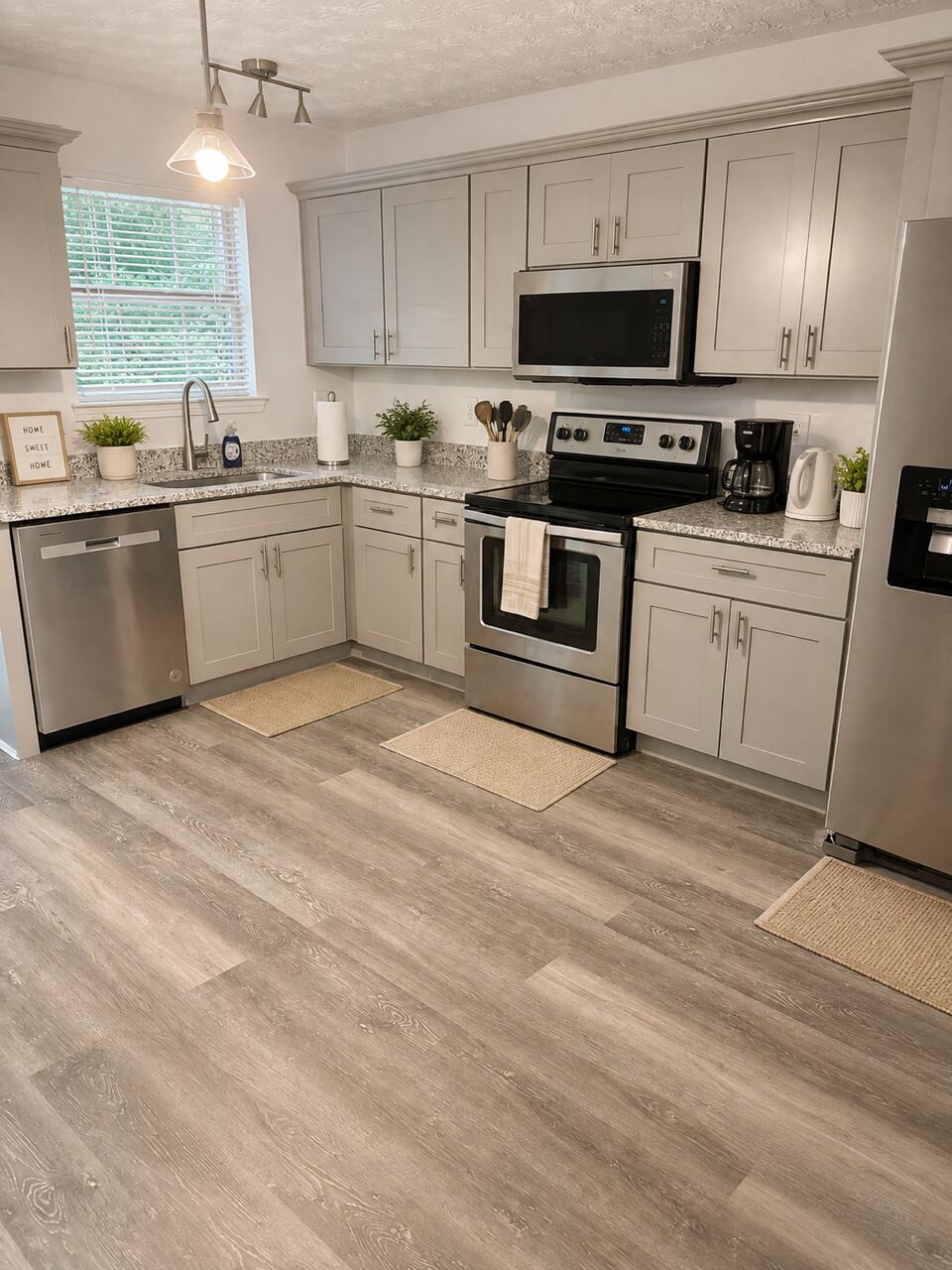 The shared kitchen with stainless steel appliances