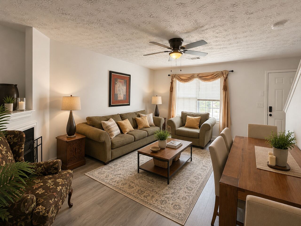 The shared living room at Chupp’s Place with sofas and a fireplace
