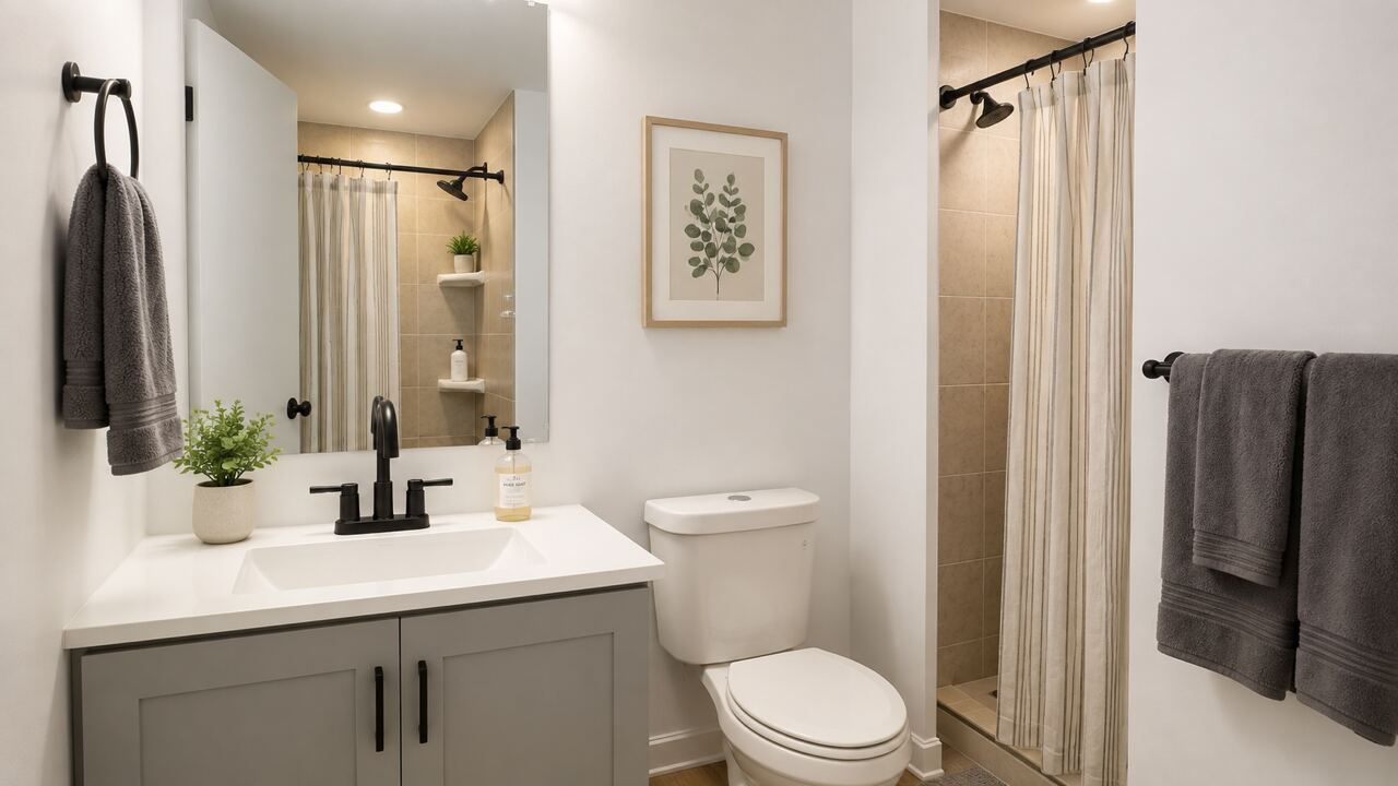 A bathroom with a vanity and walk-in shower