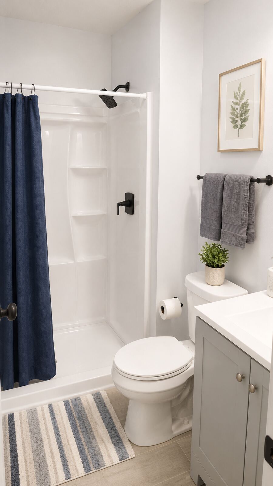 A bathroom with a shower and curtain
