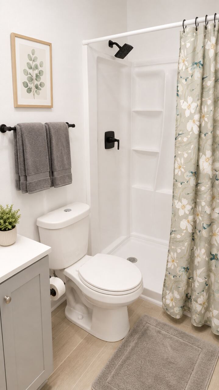 A bathroom with a vanity, mirror and shower