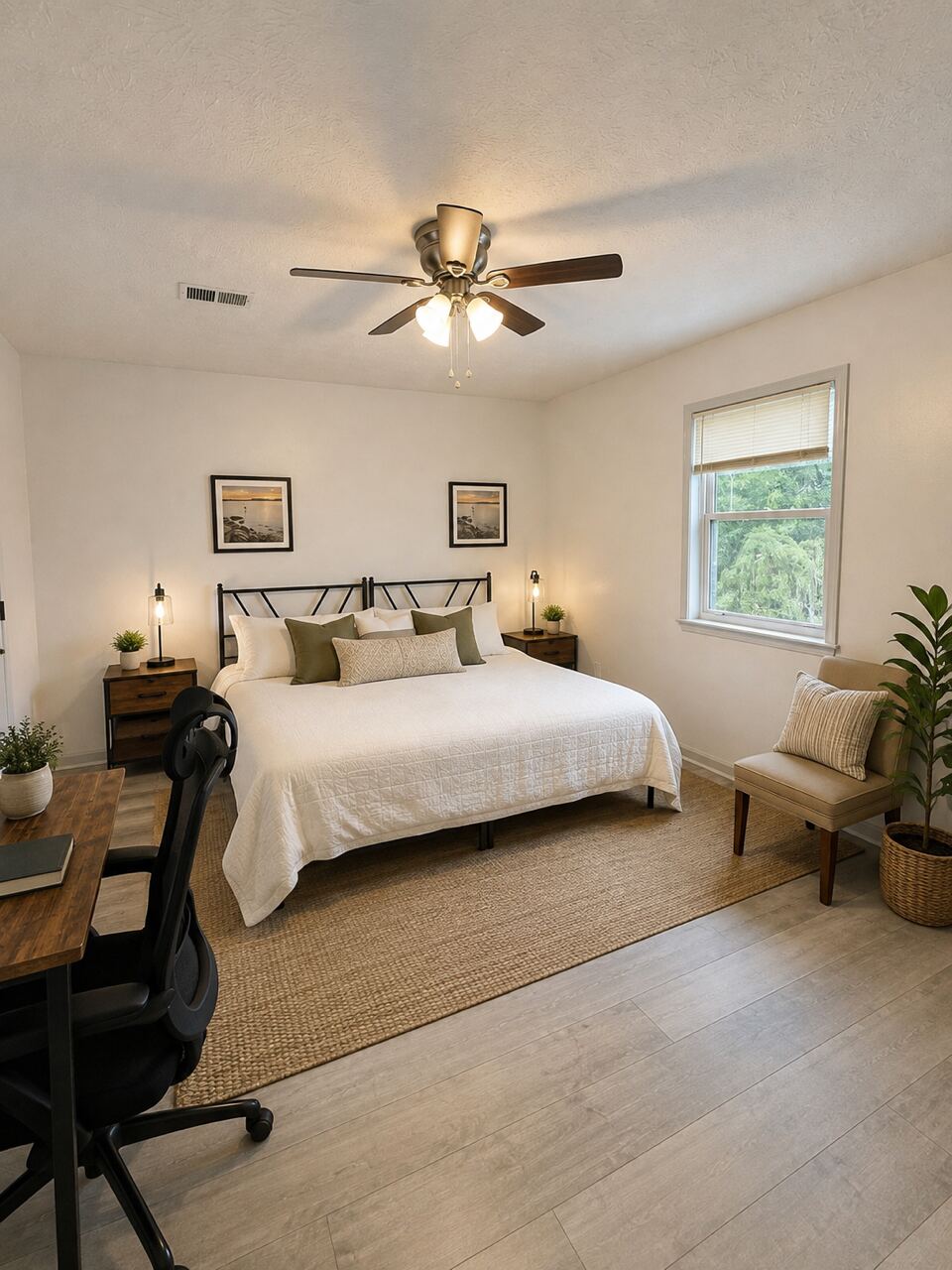 A private bedroom with a desk, office chair and window