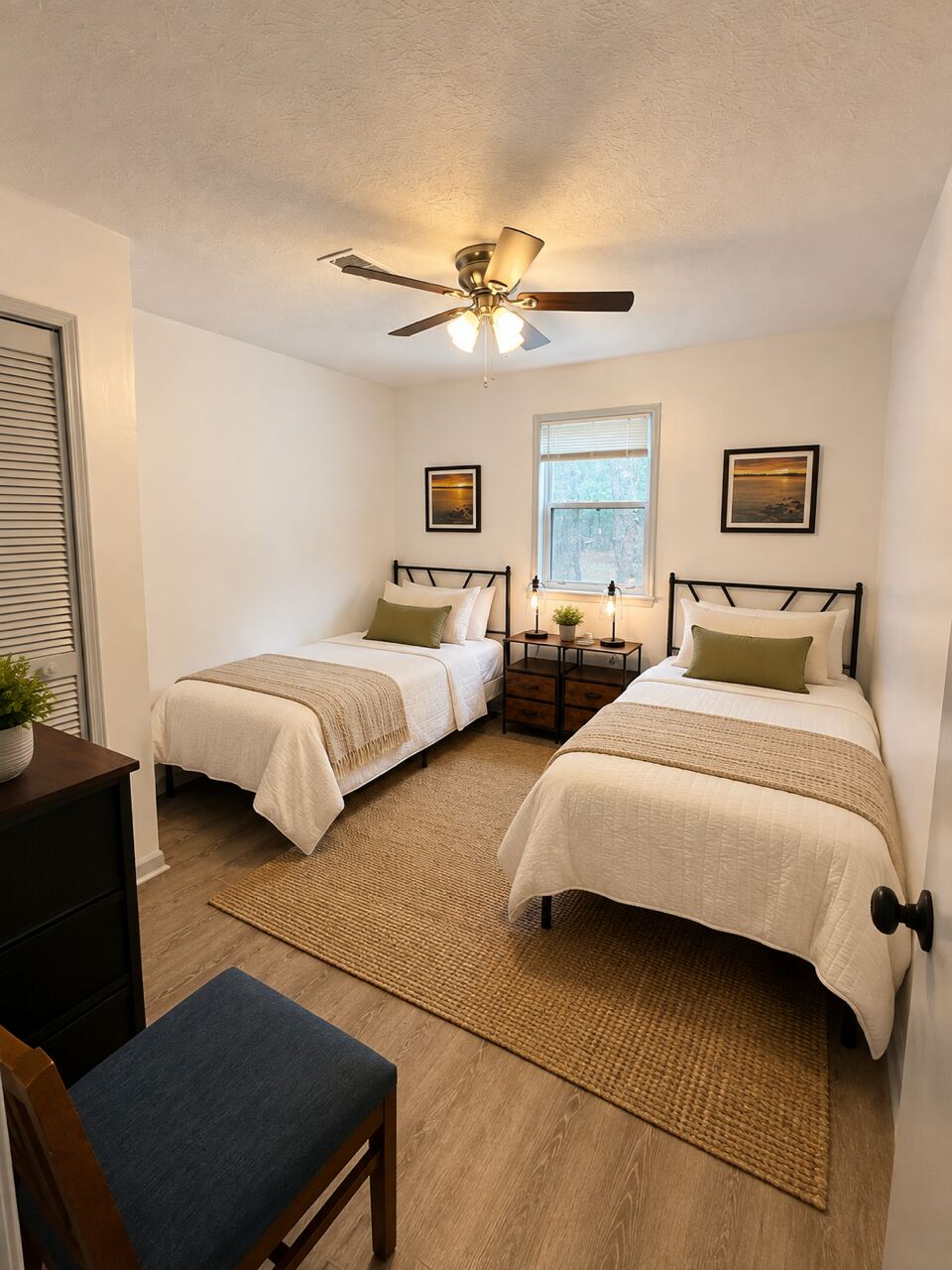 A furnished bedroom with two beds