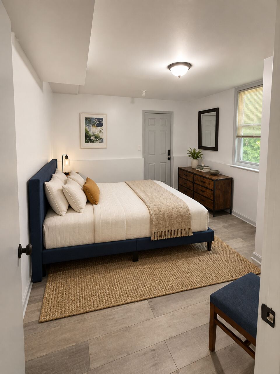 A private bedroom with a navy upholstered headboard